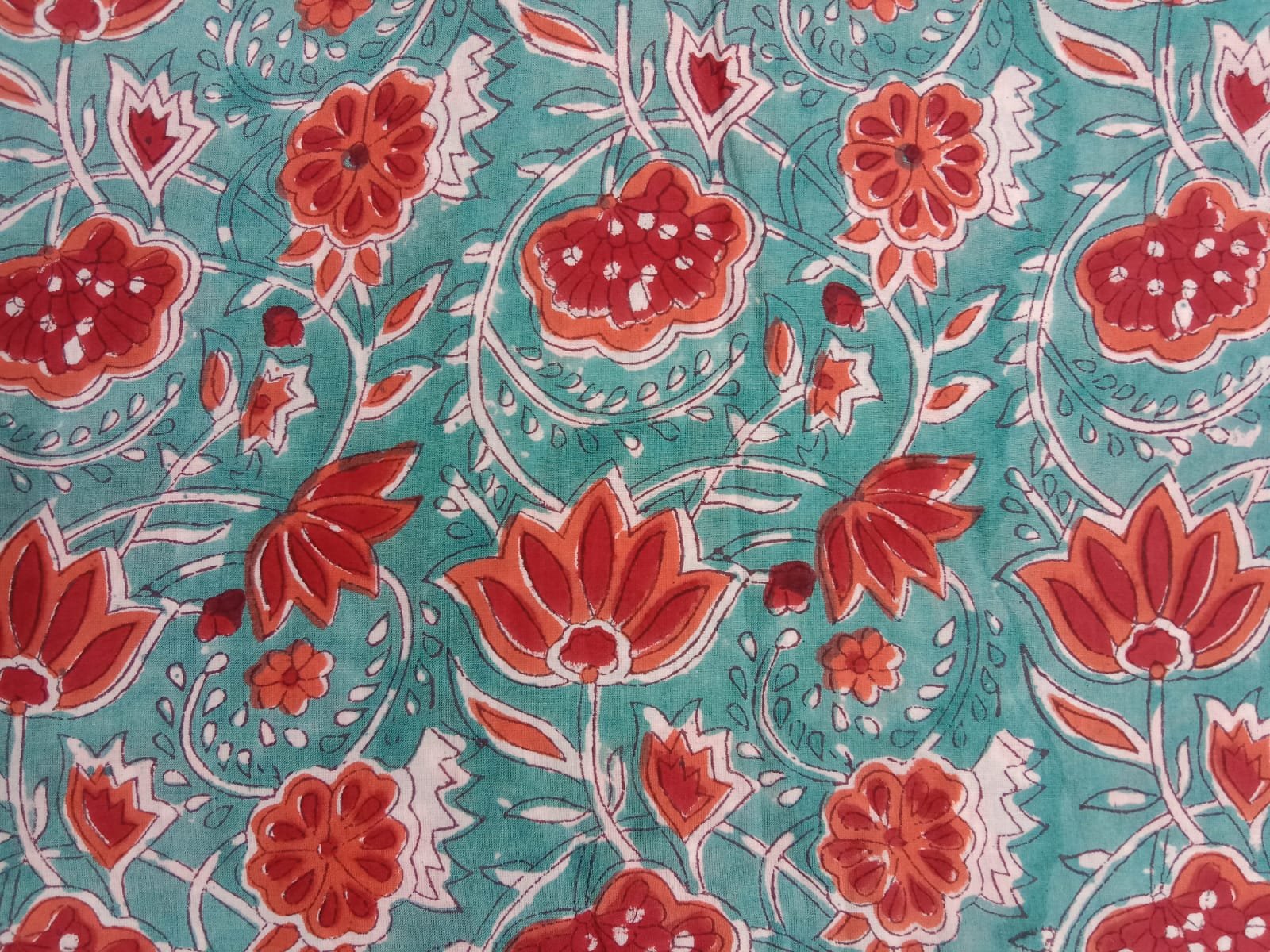COTTON HAND BLOCK ORANGE FLOWER PRINTED FABRICS ,SOLD BY THE METER. - Image 2