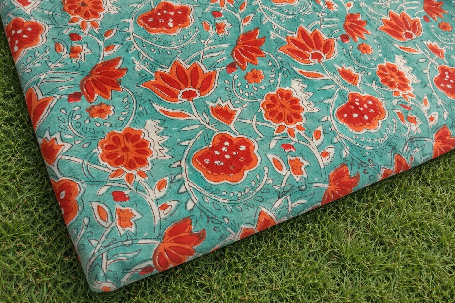 COTTON HAND BLOCK ORANGE FLOWER PRINTED FABRICS ,SOLD BY THE METER. - Image 3