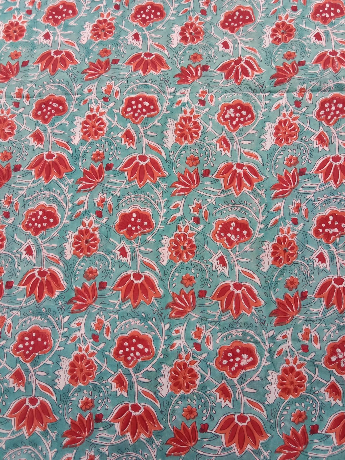 COTTON HAND BLOCK ORANGE FLOWER PRINTED FABRICS ,SOLD BY THE METER. - Image 4